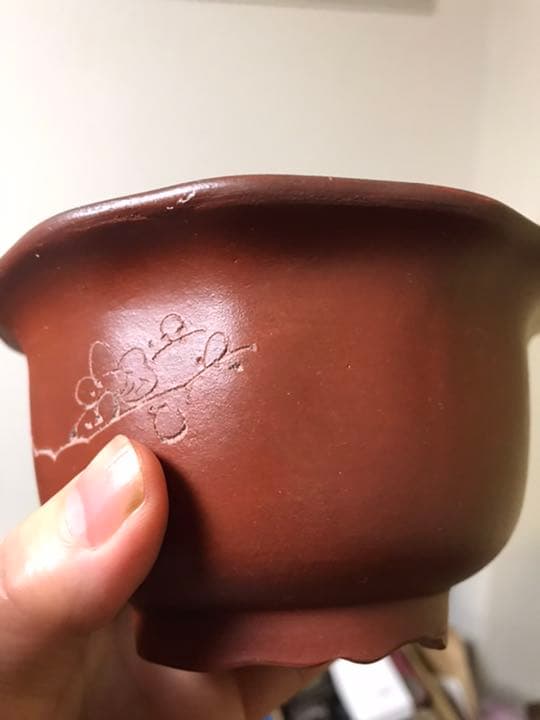 盆栽鉢　時代中国朱泥花型梅花図ミニ盆栽鉢13.5x7.3cm