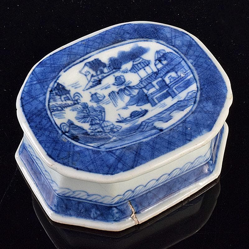 中国　青花　山水文　八角水孟　筆洗　V　R7988