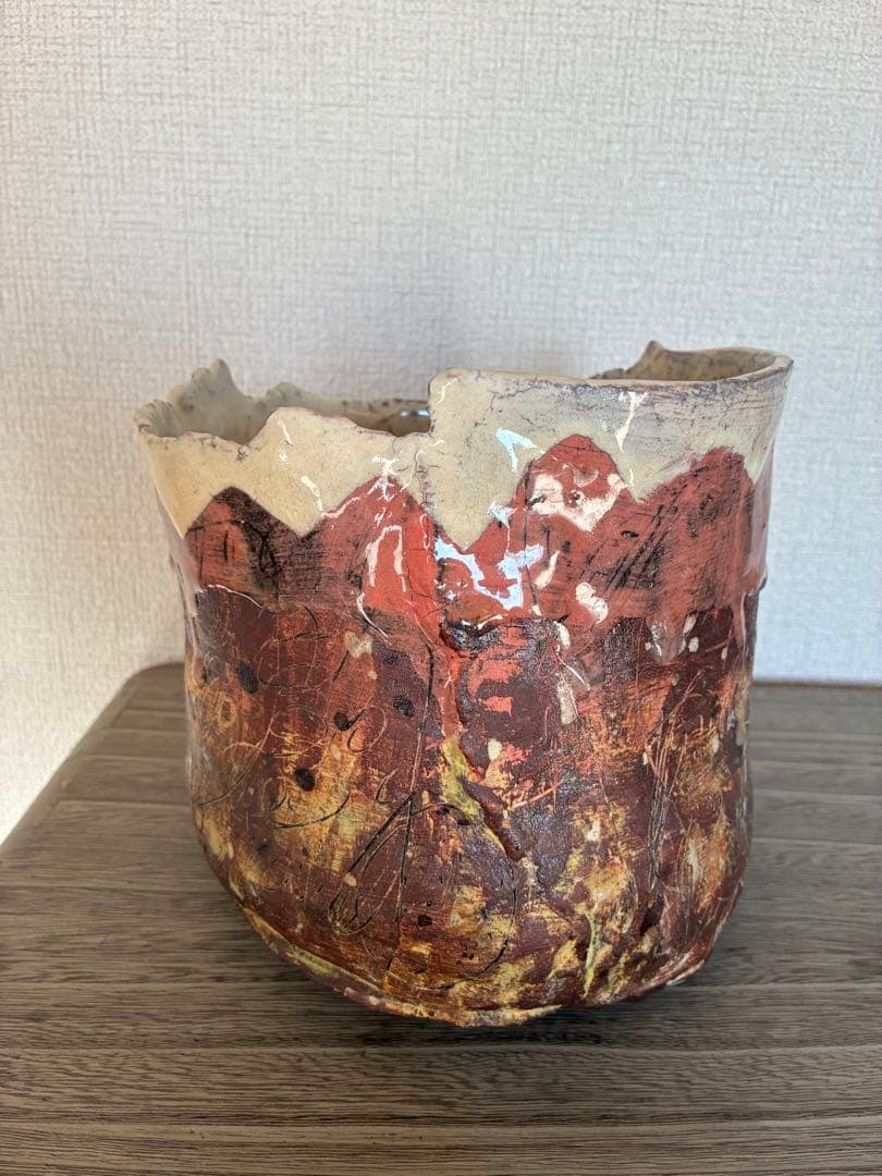 大川和宏　陶器 花瓶 赤富士　花器　フラワーベース　作家もの　作家物　SEA