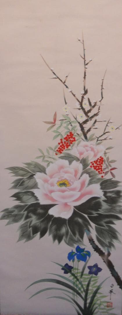 掛け軸 白峰 四季花 絹本 希少 軸装 茶道具 掛軸 美品 です。