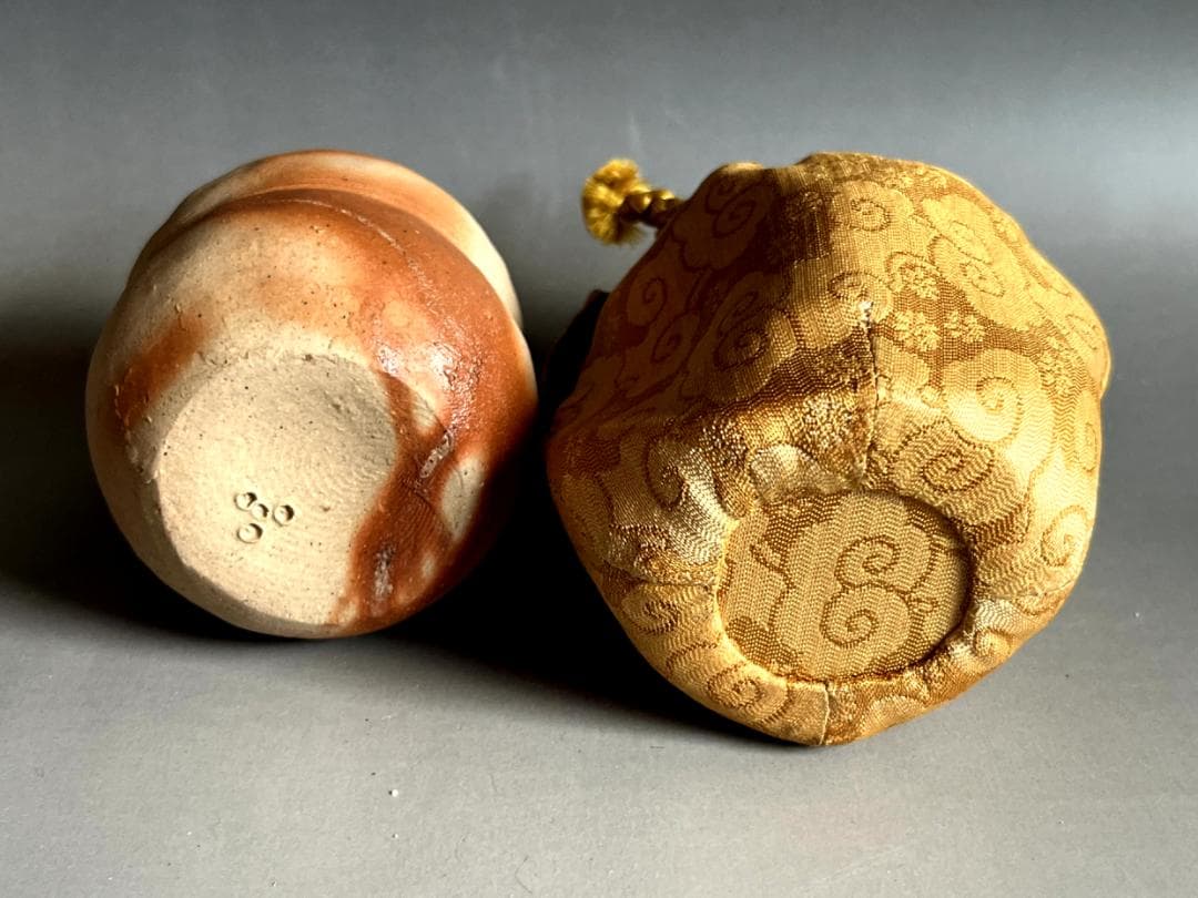 茶入れ■備前焼き 岸本昭彦 茶入布袋銅締め雲龍花文ドンス 共箱 時代物 骨董品■