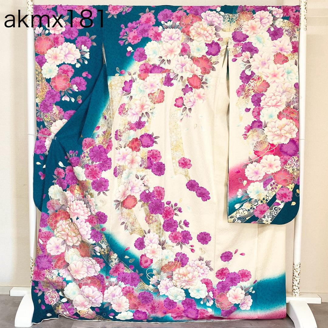 akmx181 正絹 振袖 白/藍色 パールトーン加工 13号 花柄