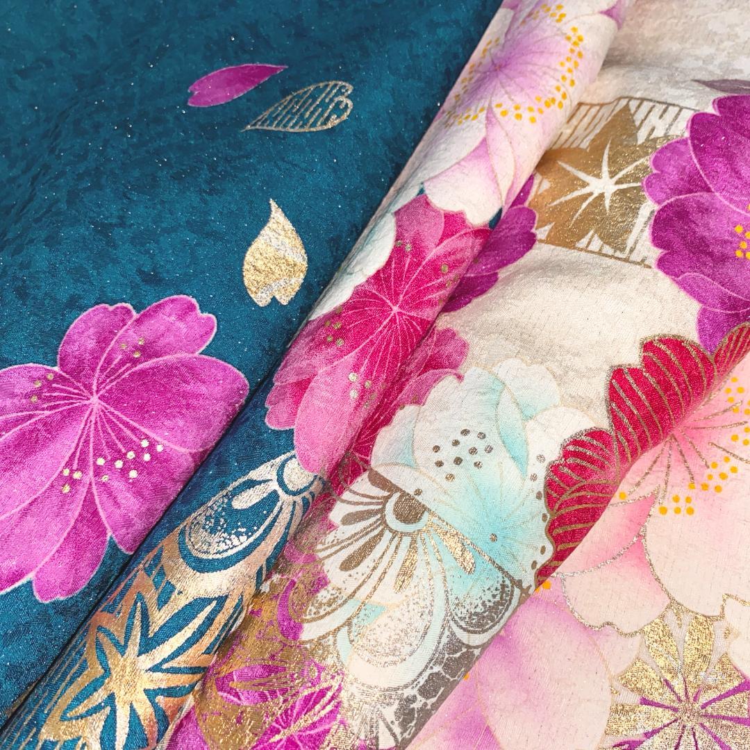 akmx181 正絹 振袖 白/藍色 パールトーン加工 13号 花柄