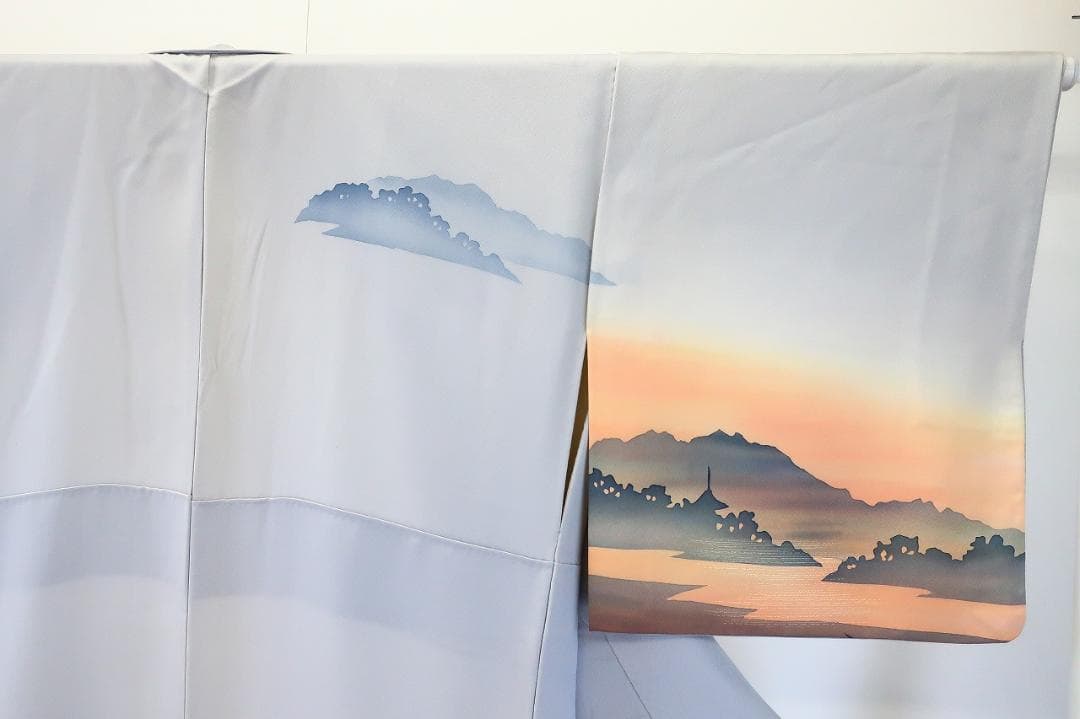 ★専用★訪問着 ブルーグレー オレンジ系 夕暮れの京風景身丈163.0cm 正絹