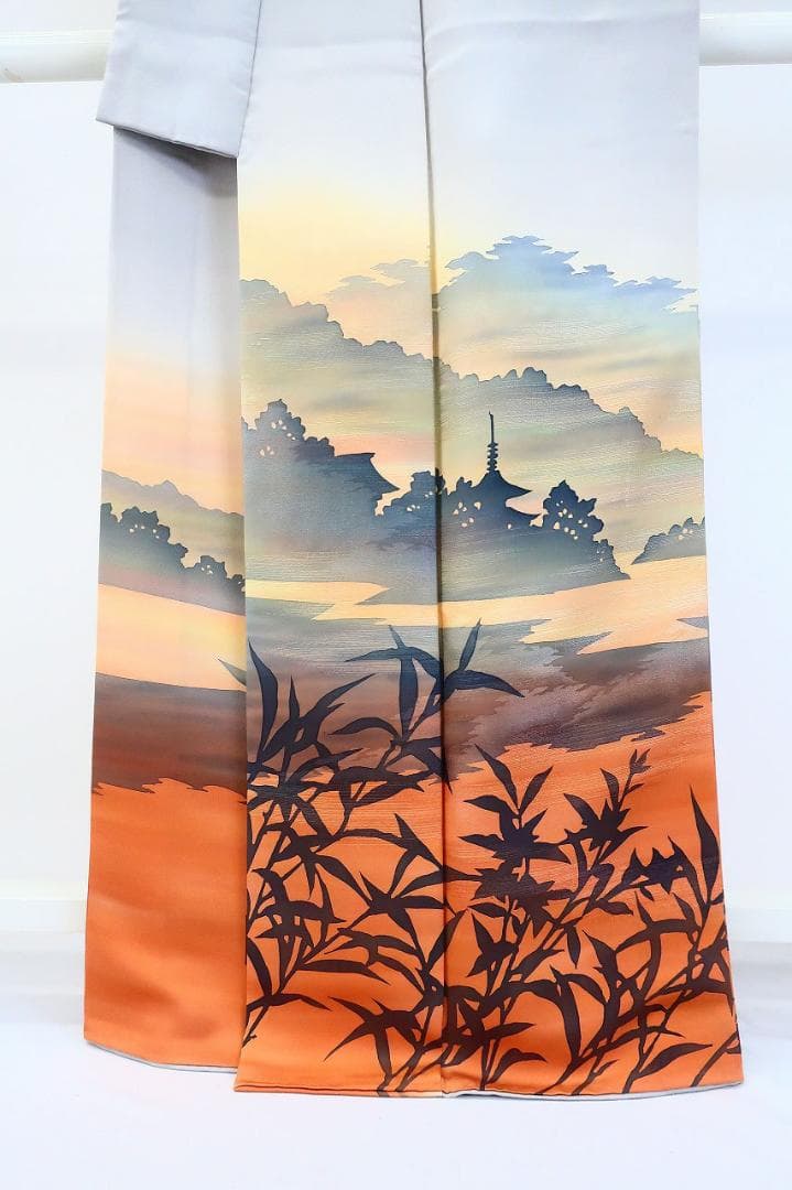 ★専用★訪問着 ブルーグレー オレンジ系 夕暮れの京風景身丈163.0cm 正絹