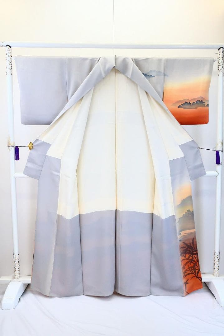 ★専用★訪問着 ブルーグレー オレンジ系 夕暮れの京風景身丈163.0cm 正絹