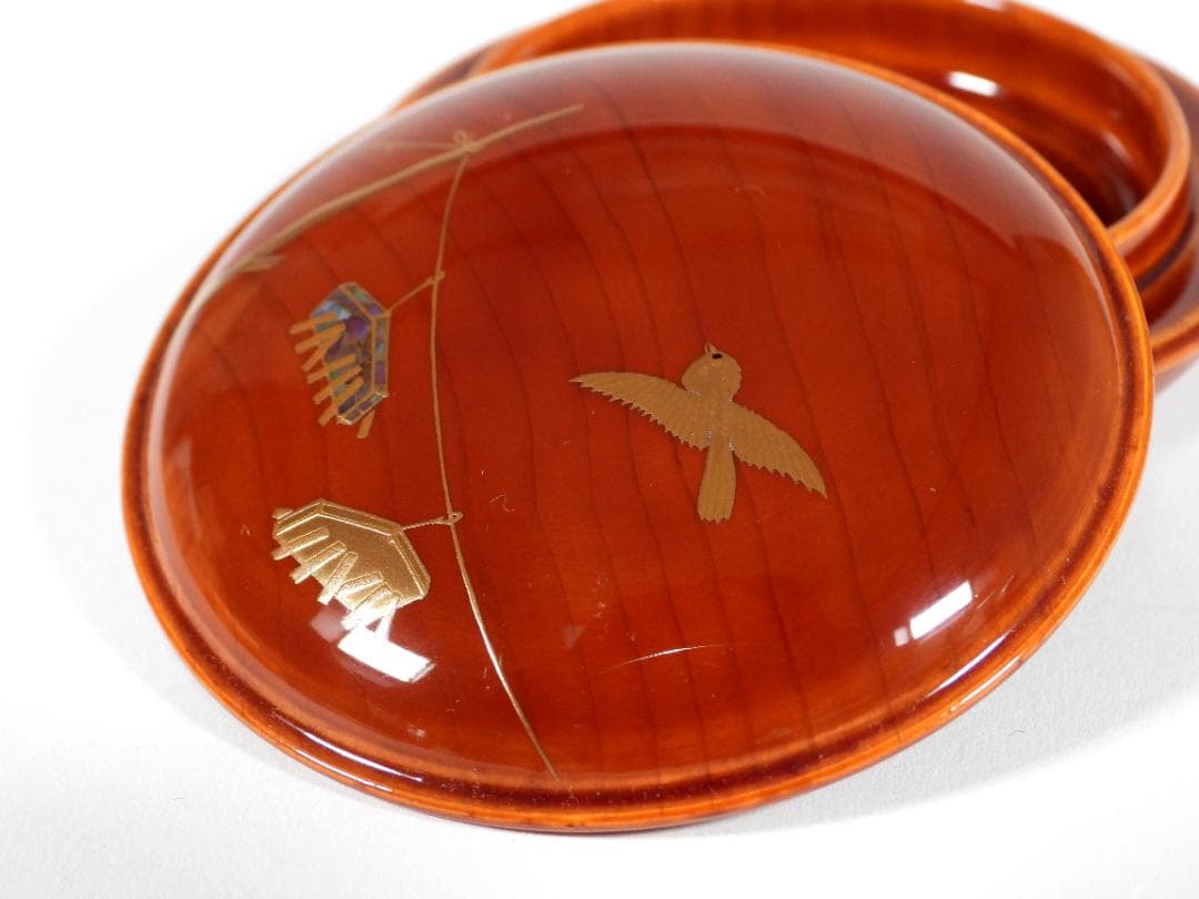 蒔絵師 吉田華正 作 鳴子雀 蒔絵 香合 春慶塗 螺鈿 香道具 茶道具 共箱