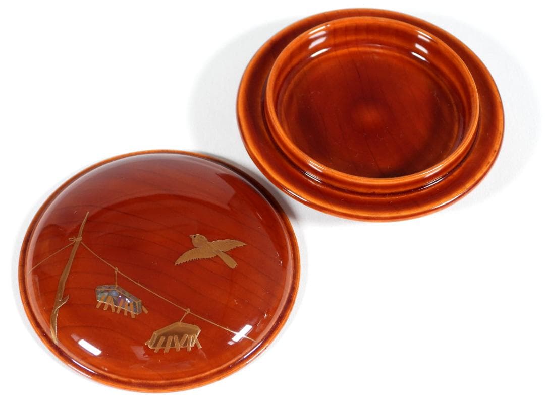 蒔絵師 吉田華正 作 鳴子雀 蒔絵 香合 春慶塗 螺鈿 香道具 茶道具 共箱