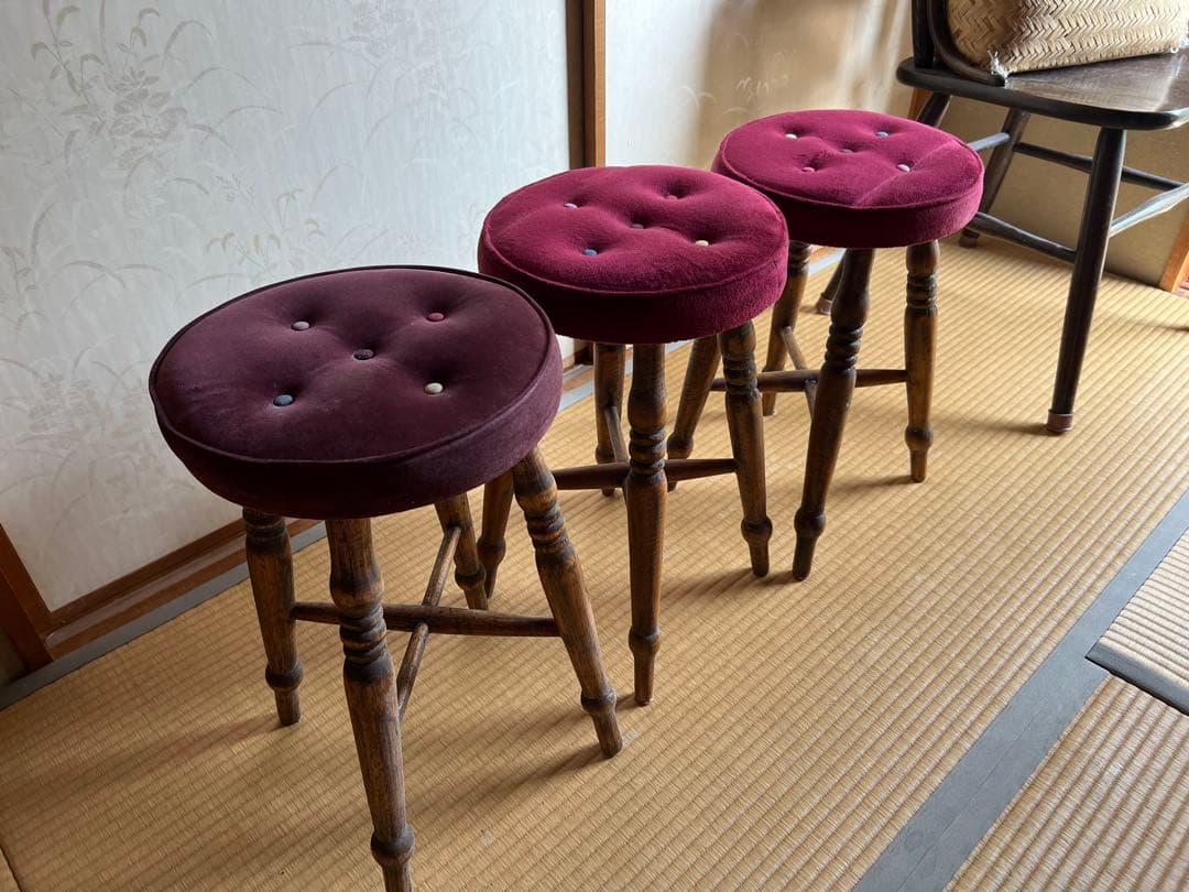old maison アンティークチェア　スツール　丸椅子　木製＋布貼り　3脚