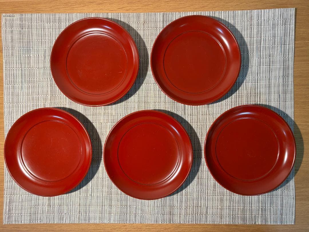 084越前塗 光琳堂 椿皿 ５枚セット 古代朱/高台皿/銘々皿/本漆塗