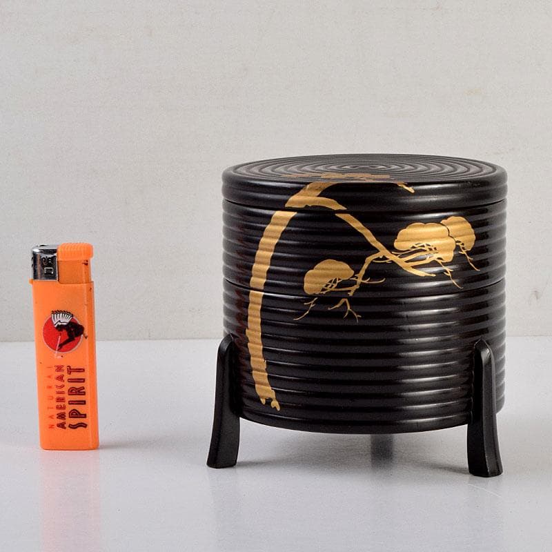 茶道具　黒漆　老松蒔絵　足付に段丸重　重箱　時代箱　C　8893