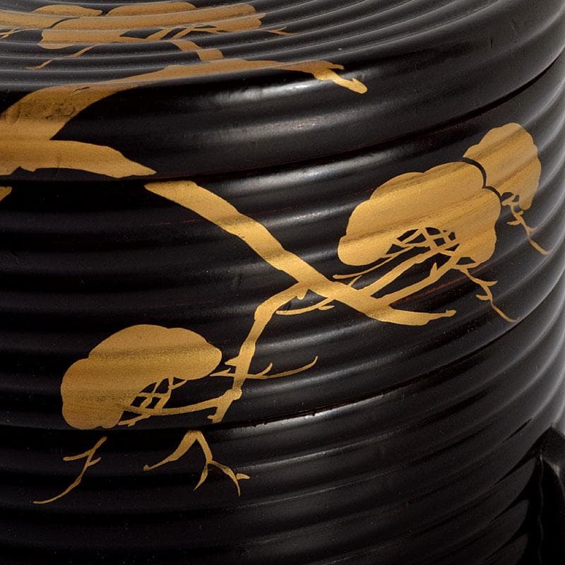 茶道具　黒漆　老松蒔絵　足付に段丸重　重箱　時代箱　C　8893