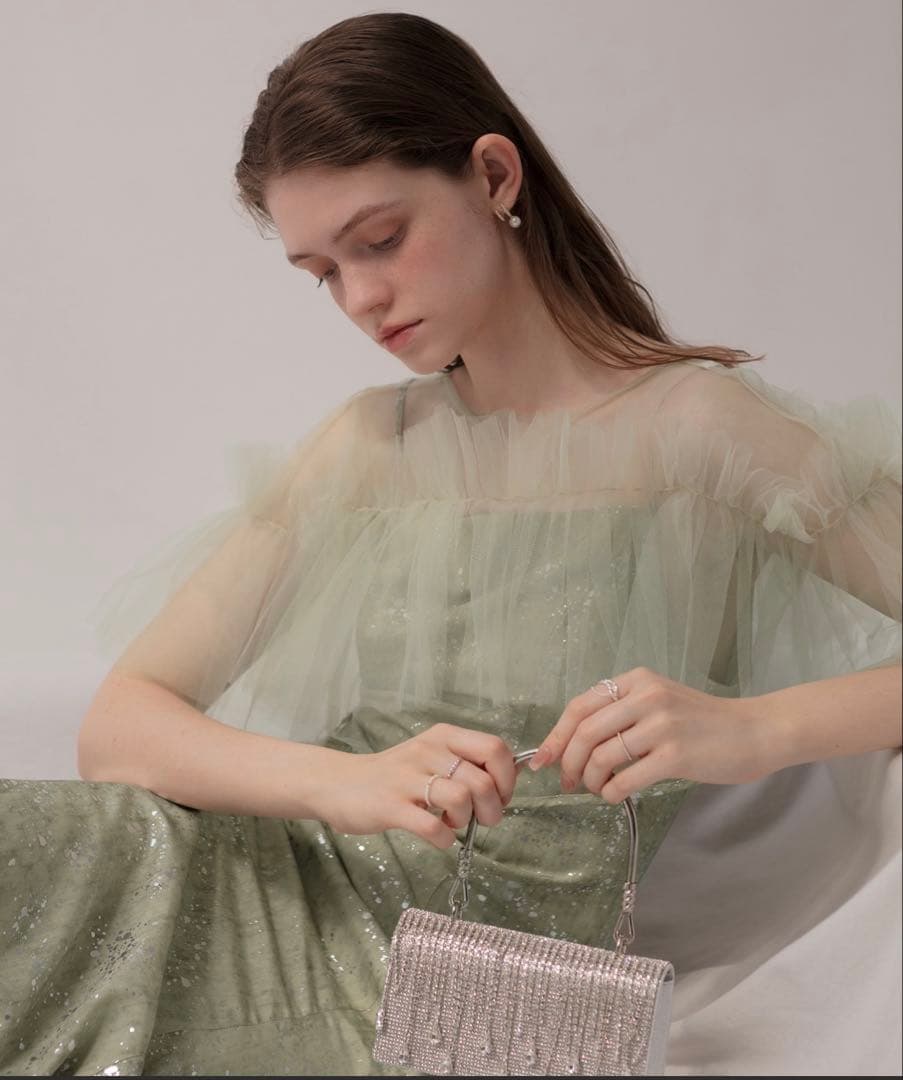 Leja チュールフリルボレロペイントマーメイドドレスワンピース　グリーン　M