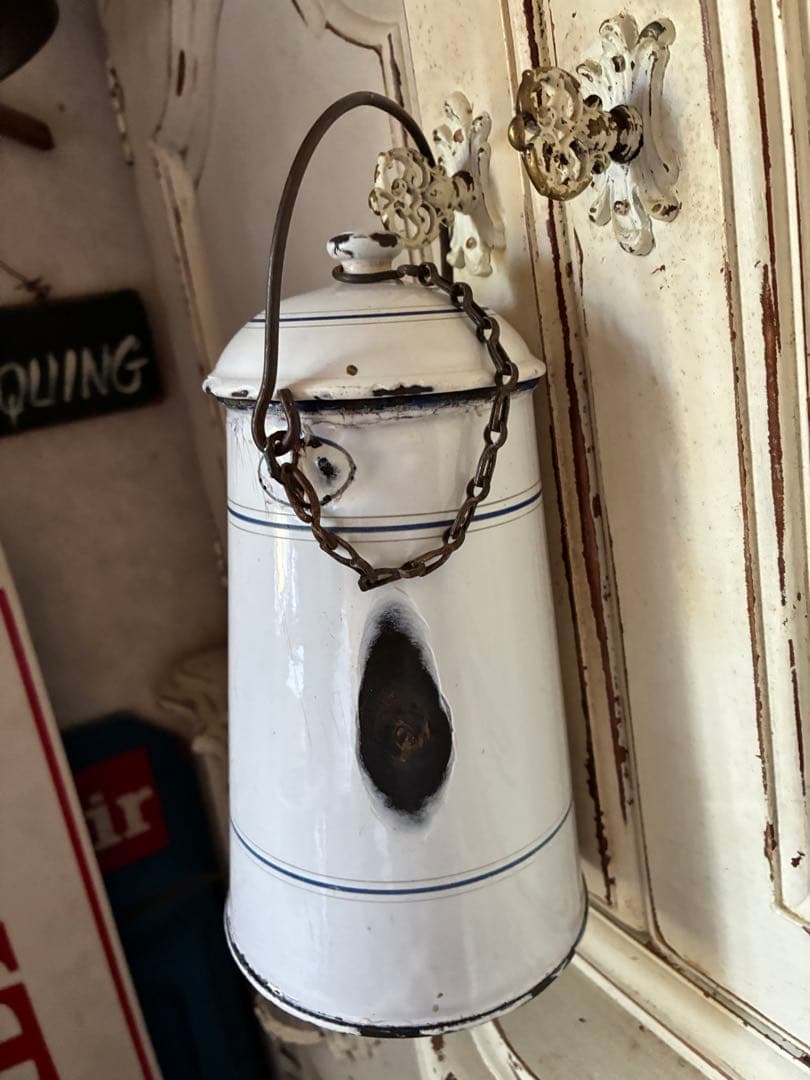 フランス　アンティーク ホーロー ミルク　ポット　キャリー 缶ホワイト　シャビー