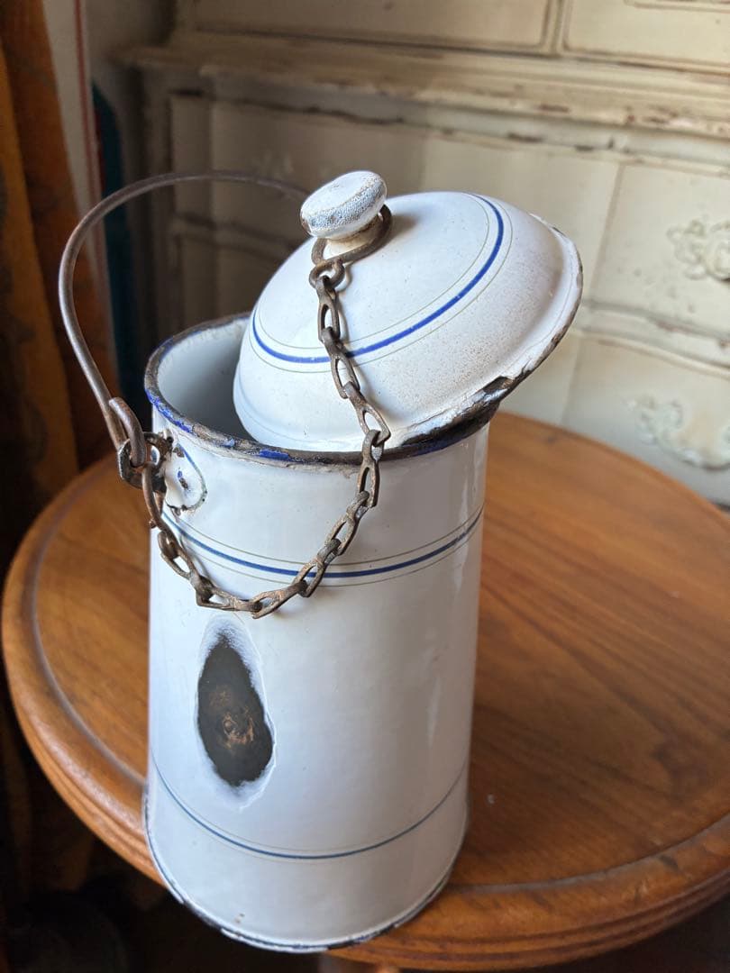 フランス　アンティーク ホーロー ミルク　ポット　キャリー 缶ホワイト　シャビー