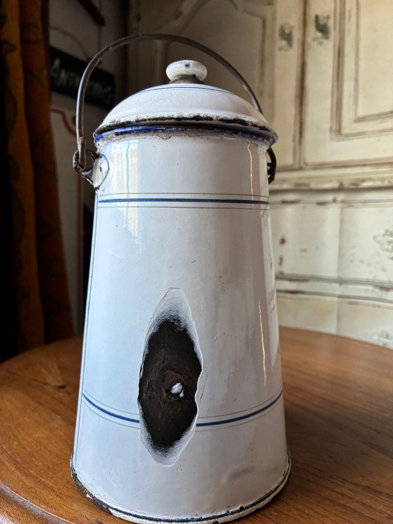 フランス　アンティーク ホーロー ミルク　ポット　キャリー 缶ホワイト　シャビー