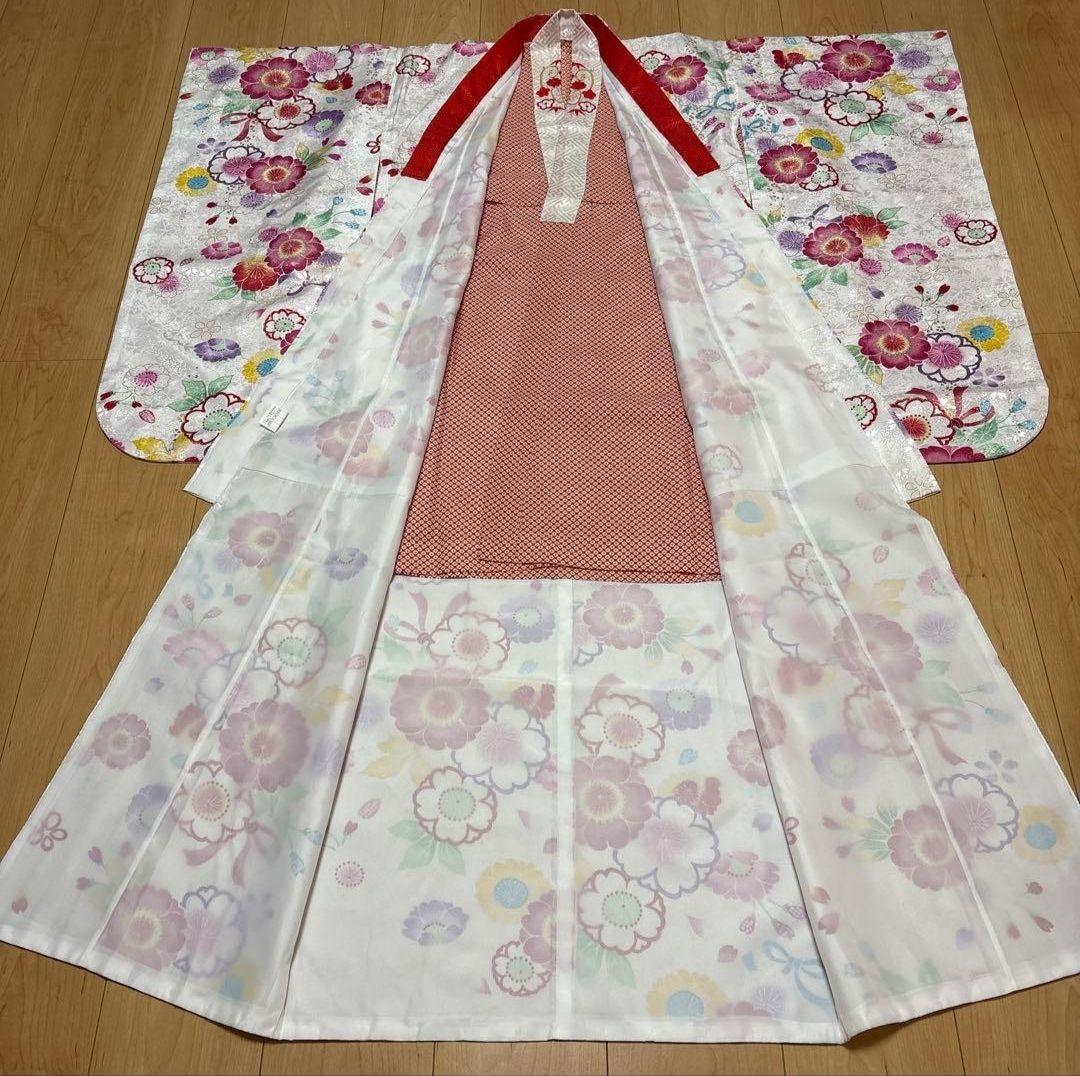 7歳 七五三着物セット　和装小物　結び帯　白着物　桜　七五三　着物
