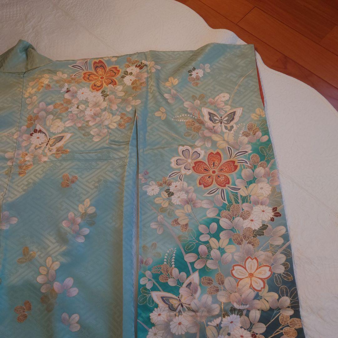 青緑色 花柄 振袖 絹製