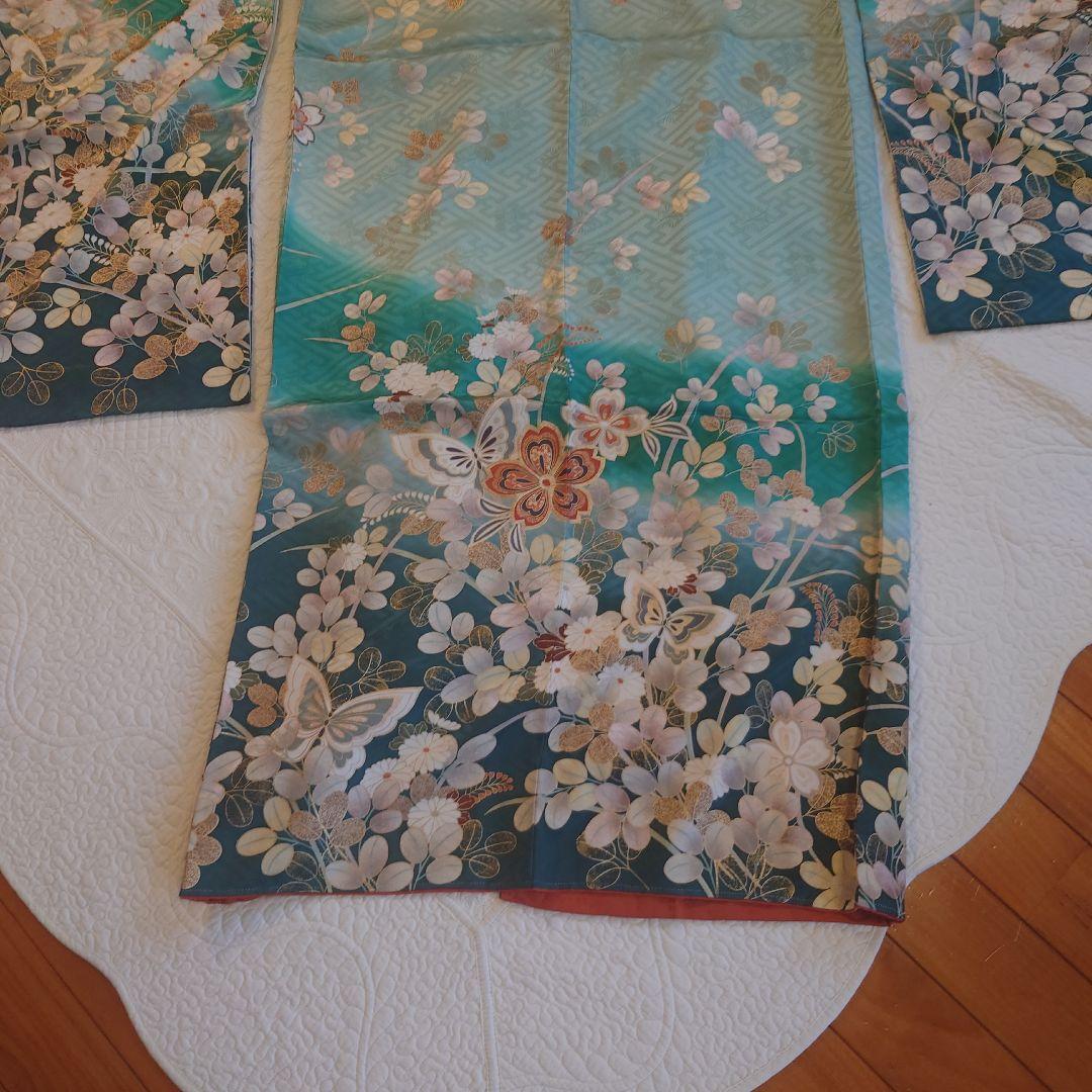 青緑色 花柄 振袖 絹製