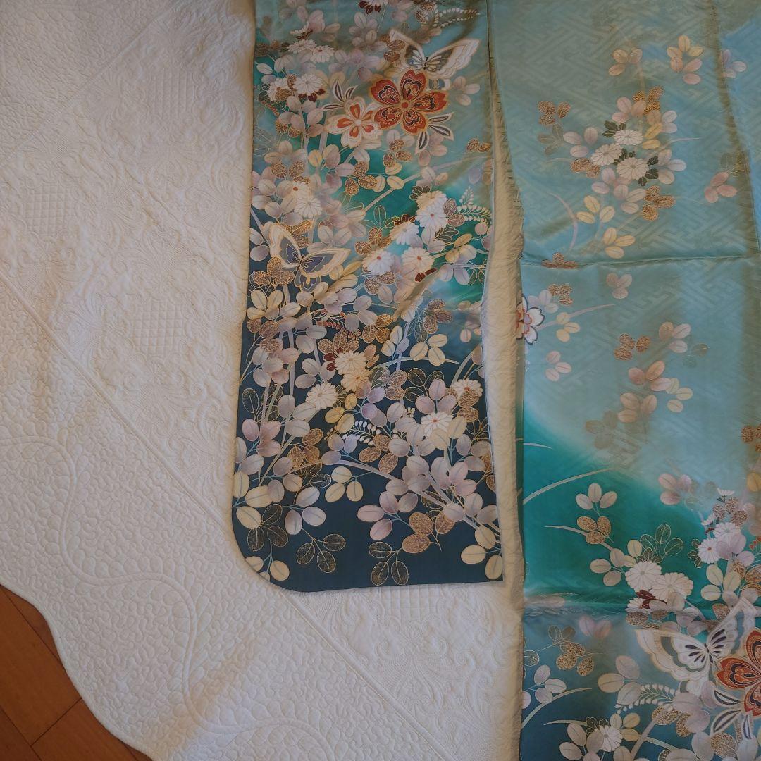 青緑色 花柄 振袖 絹製