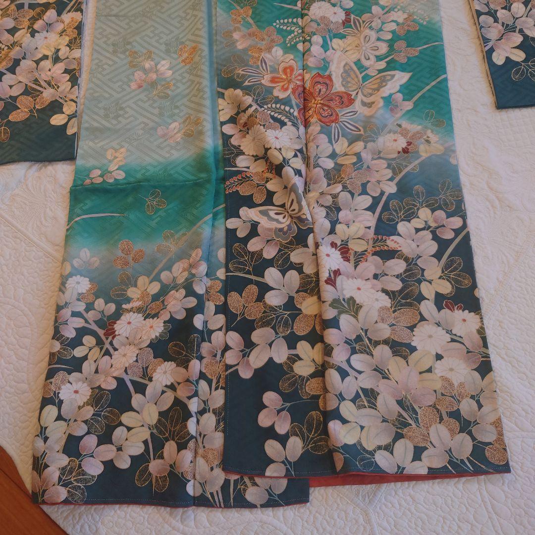 青緑色 花柄 振袖 絹製