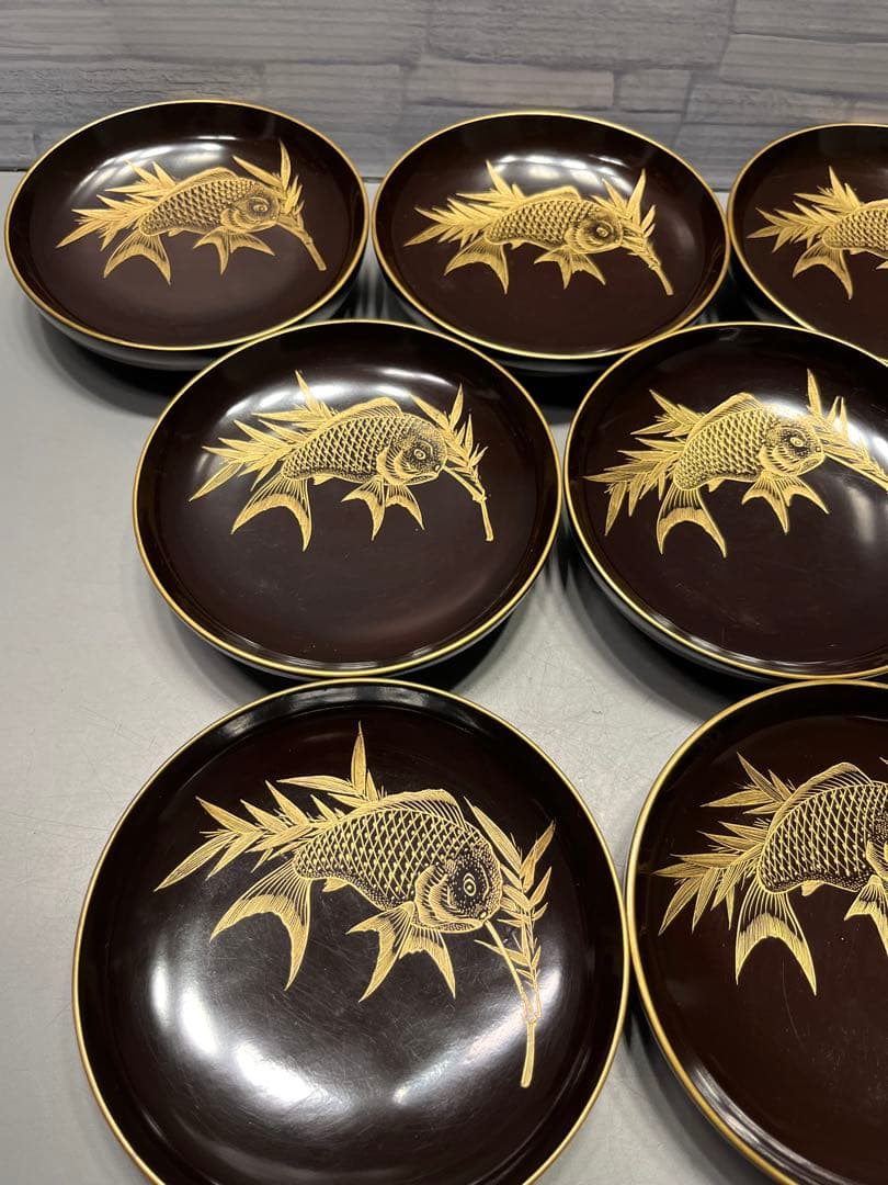 時代　沈金蒔絵　鯛の図　木皿　十枚　木製