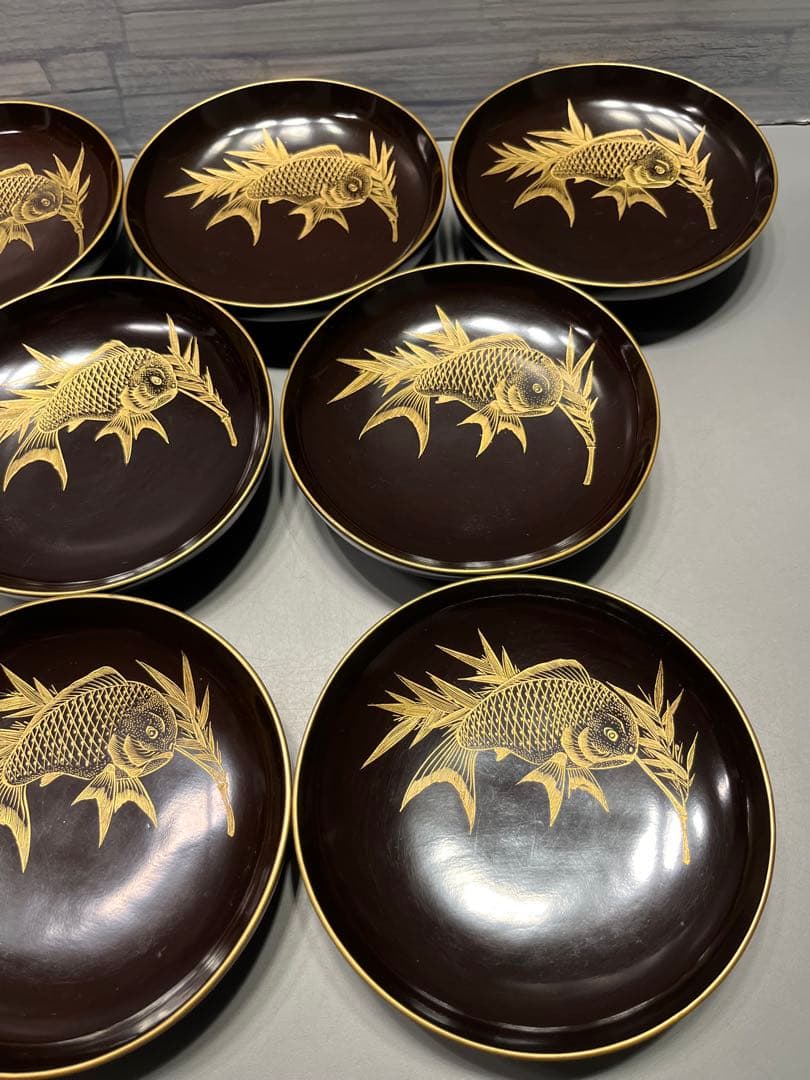 時代　沈金蒔絵　鯛の図　木皿　十枚　木製