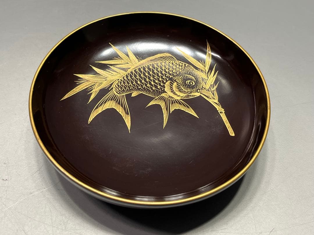 時代　沈金蒔絵　鯛の図　木皿　十枚　木製