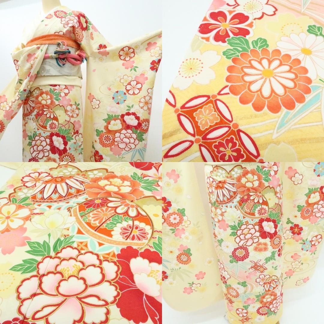 Y2761◇美品 正絹 毬 桜 成人式 振袖 着物