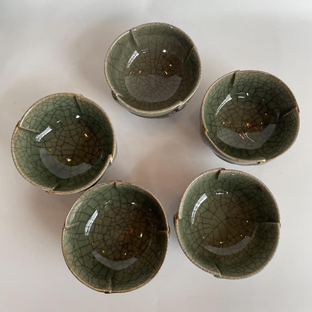 希少 骨董 時代物 大堀 相馬焼 急須 湯のみ 湯呑 湯飲 5客揃 金彩 美品