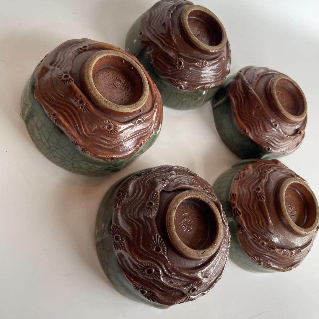 希少 骨董 時代物 大堀 相馬焼 急須 湯のみ 湯呑 湯飲 5客揃 金彩 美品