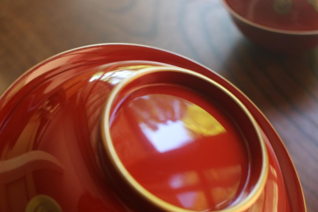 デッドストック！上質金縁朱漆に極上宝珠龍蒔絵の映えるお椀2点（検輪島塗京塗懐石椀