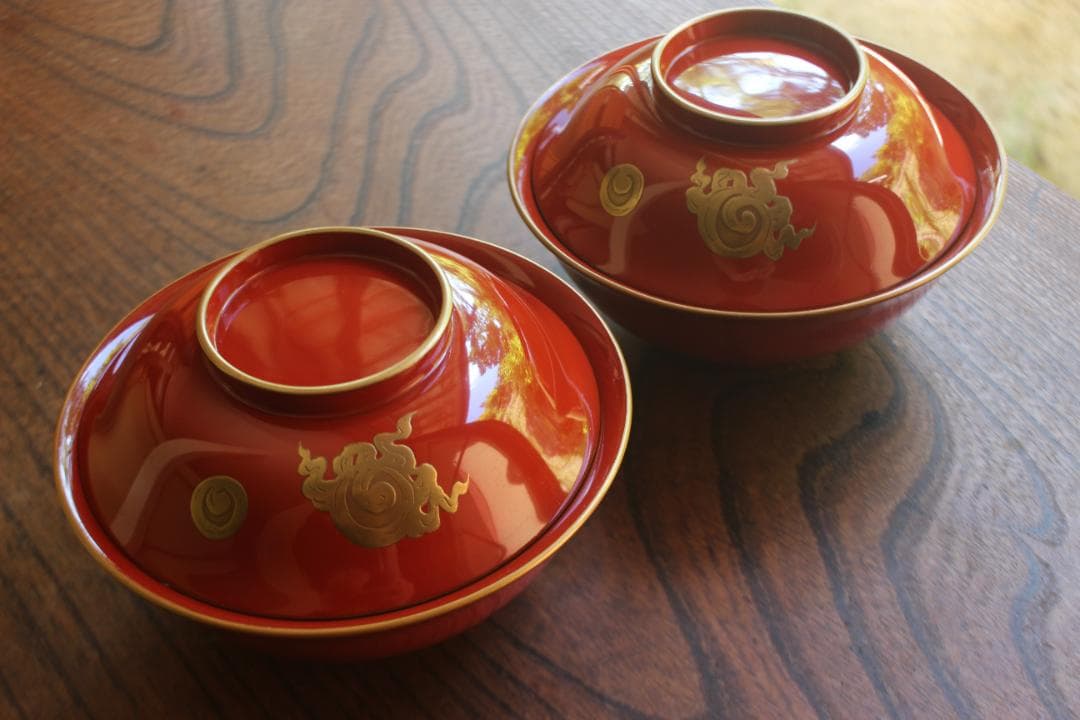デッドストック！上質金縁朱漆に極上宝珠龍蒔絵の映えるお椀2点（検輪島塗京塗懐石椀