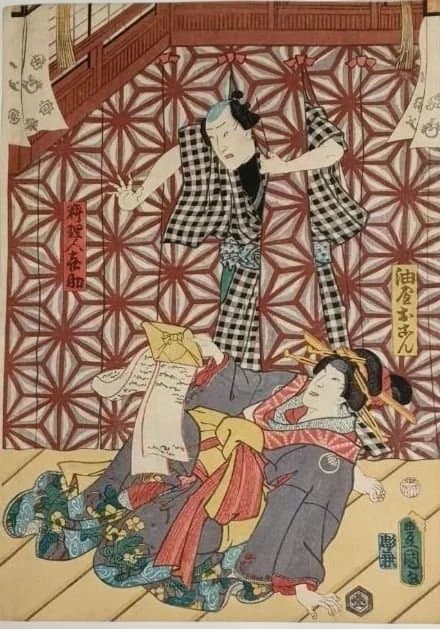 浮世絵版画、役者絵三枚綴りの内1枚売り。三代歌川豊国画、安政6年6月出版