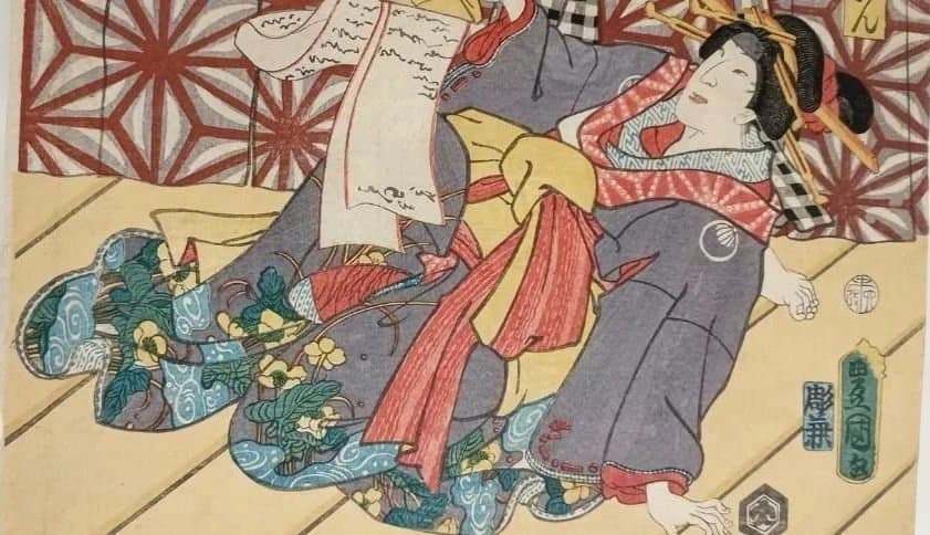 浮世絵版画、役者絵三枚綴りの内1枚売り。三代歌川豊国画、安政6年6月出版