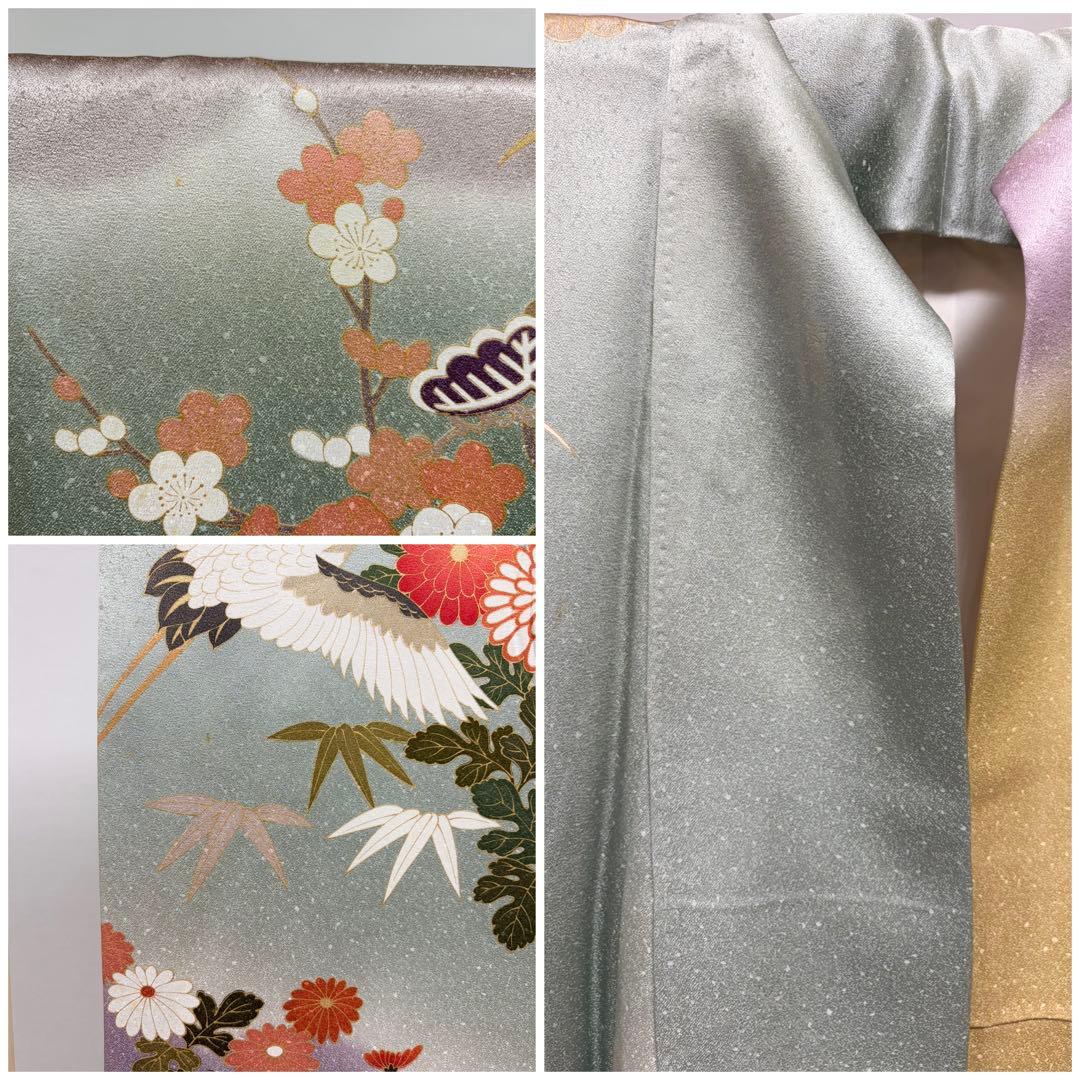 B5 鶴に季節の花々 金彩 正絹 袷 振袖 着物 成人式 K15