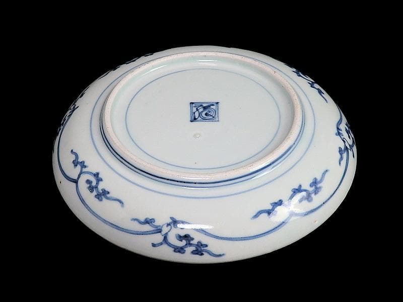 古伊万里　染付　蛸唐草に壽紋の図　６寸皿　江戸期　D075AS-BSl