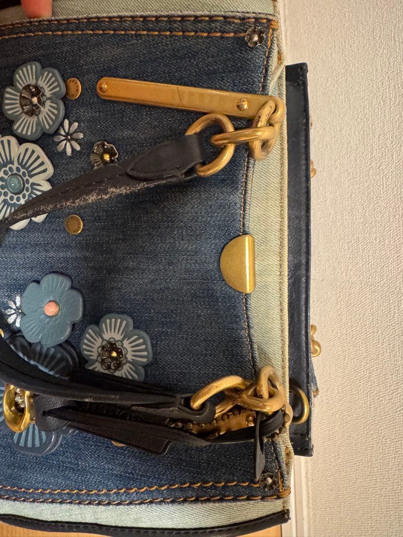 デニム花柄刺繍ハンドバッグ 中型