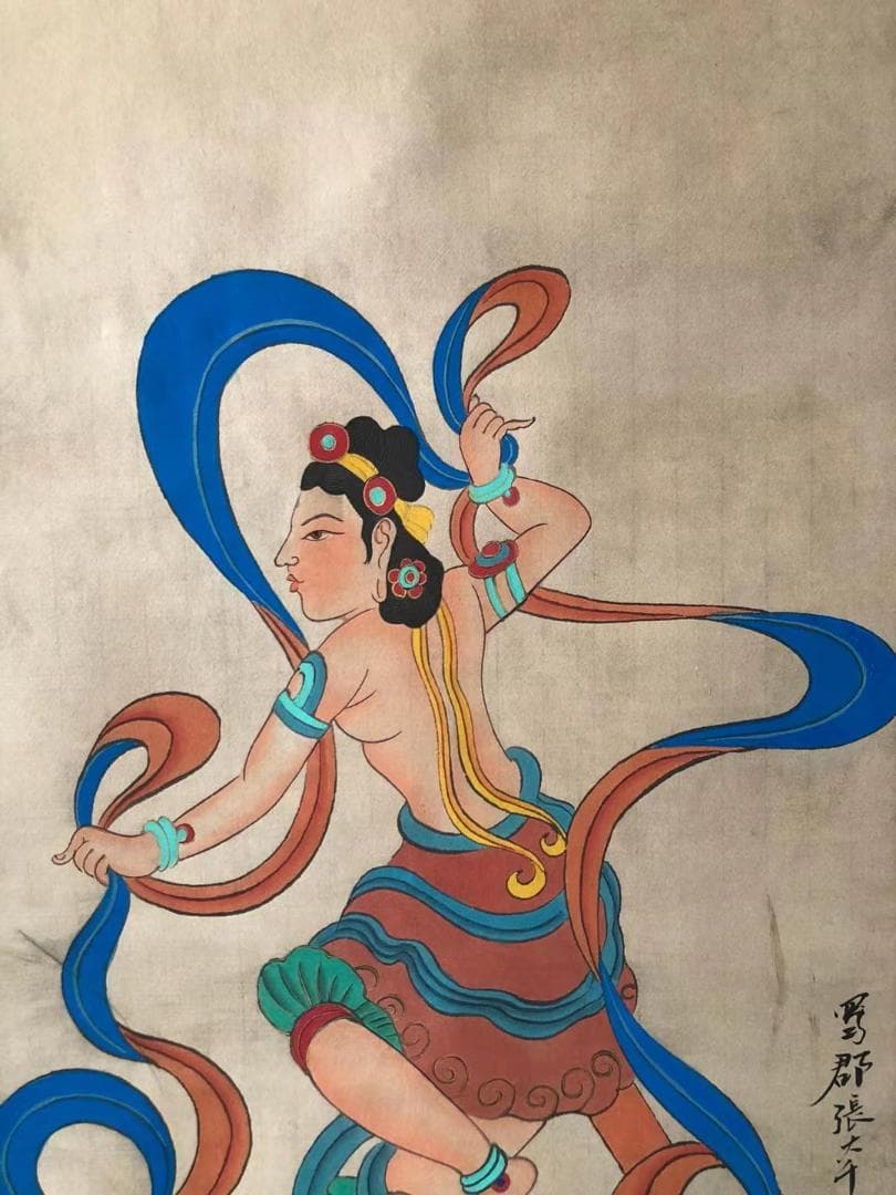 中国美術・純手描き人物画凌波捉月掛軸・国画・張大千印款・宣紙・賞物・肉筆・茶道具