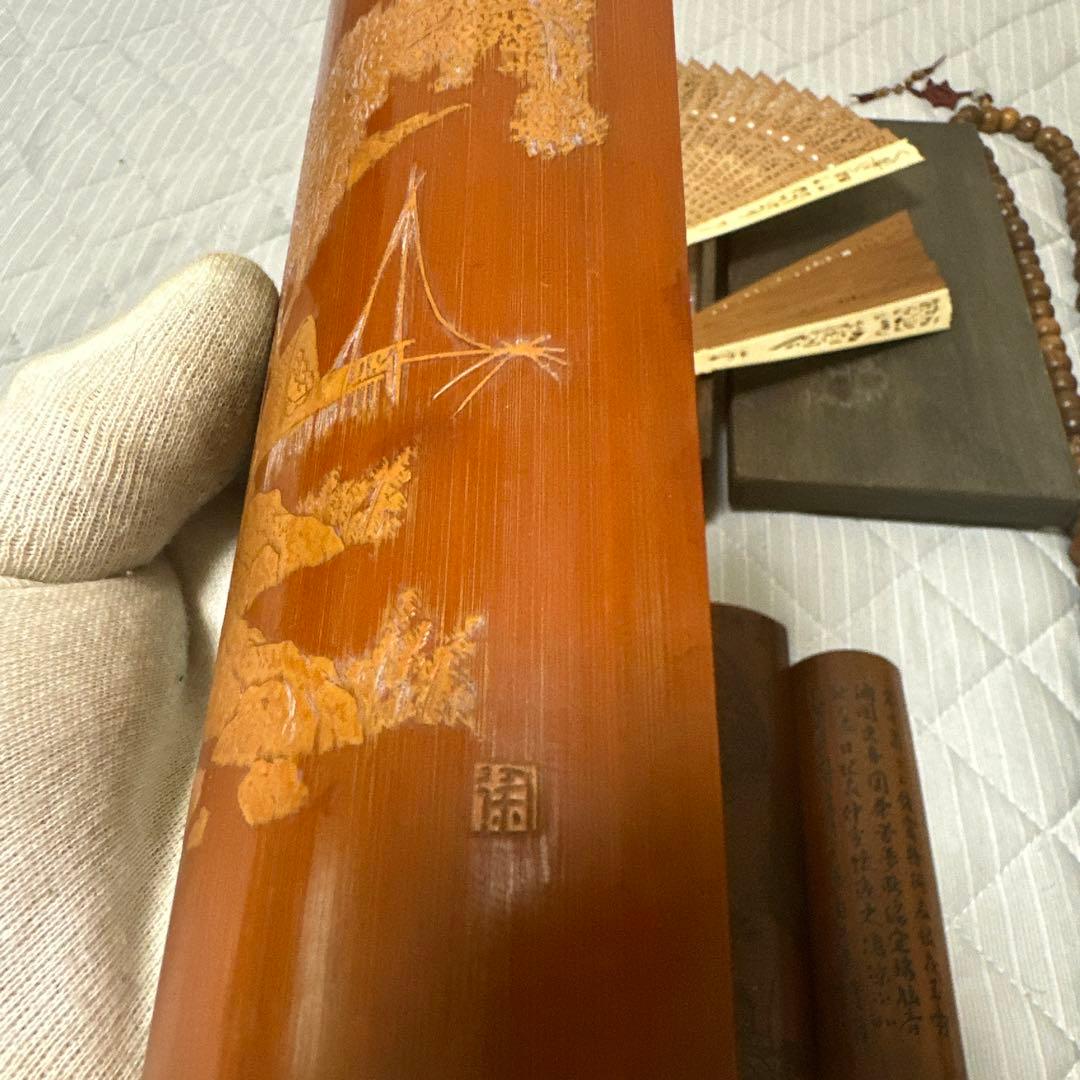 中国 日本時代物白檀念珠紫檀香筒竹彫 詩文 人物 山水 茶道具アンティークまとめ