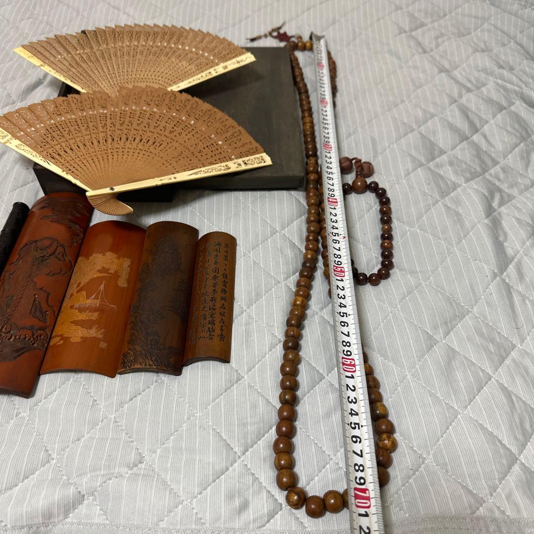 中国 日本時代物白檀念珠紫檀香筒竹彫 詩文 人物 山水 茶道具アンティークまとめ