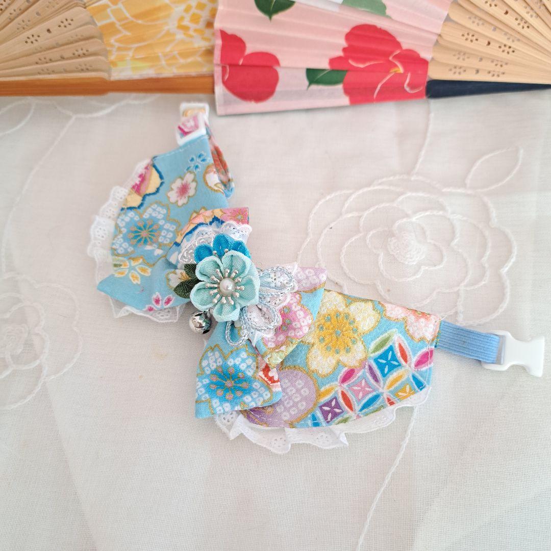 プッチ、和風つまみ細工(水色)わんちゃん猫ちゃん用襟付き首輪