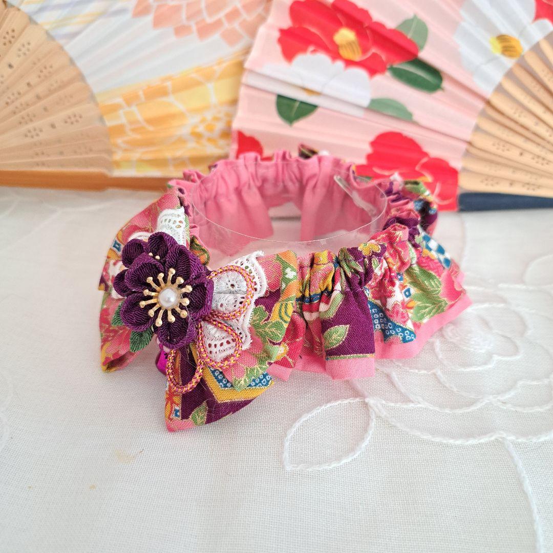 プッチ、和風つまみ細工(水色)わんちゃん猫ちゃん用襟付き首輪