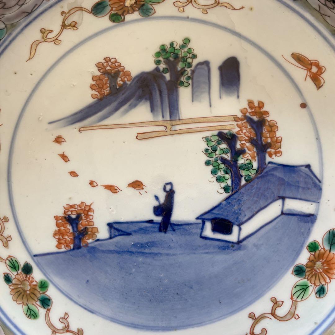 骨董品 古伊万里 二重高台鉢 アンティーク 花蝶 山水人物図 明治時代 伊万里