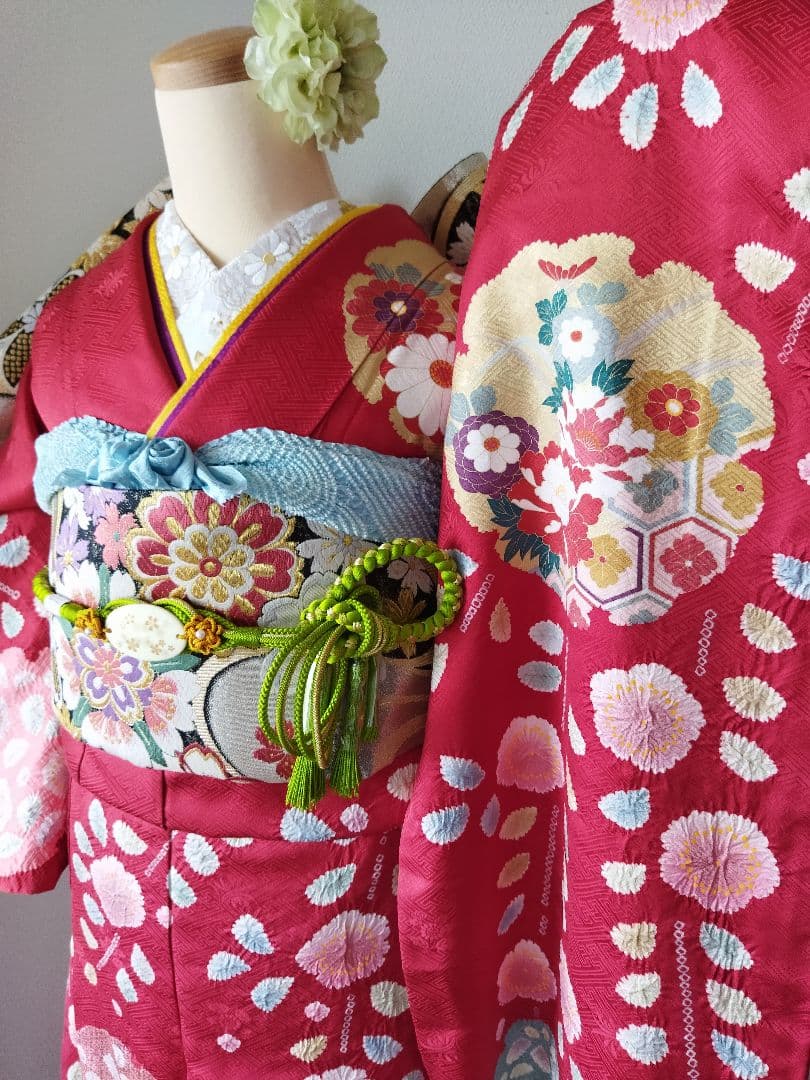 436.高級！！手仕事の花絞りと雪輪　振袖5点セット　正絹　フルセット　成人式