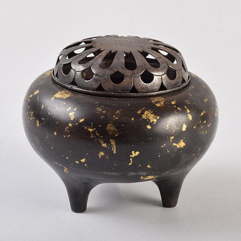 中国　古銅宣徳銅　灑金　三足香炉　火屋付　Y　R9437