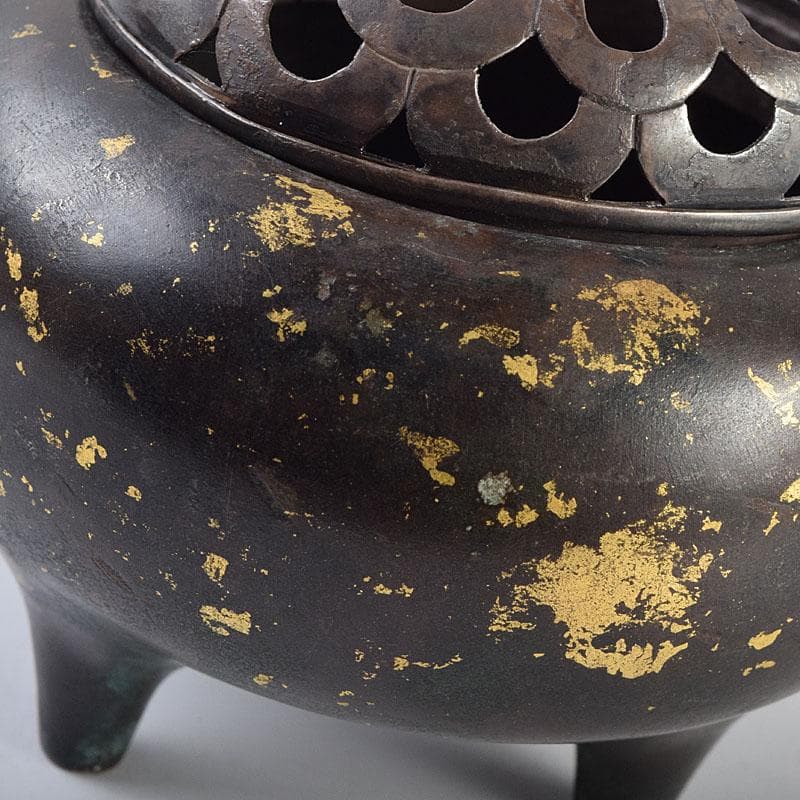 中国　古銅宣徳銅　灑金　三足香炉　火屋付　Y　R9437