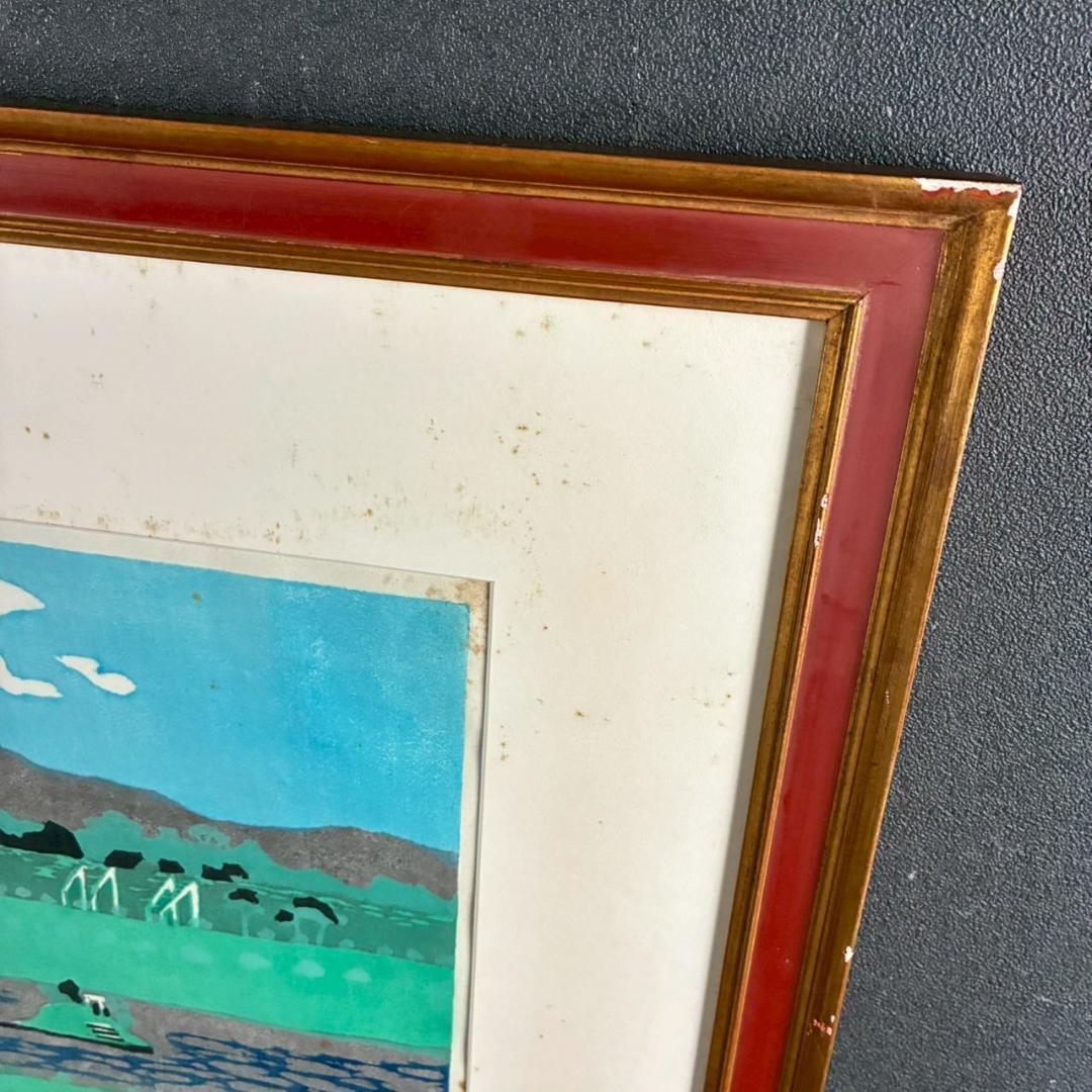 川西英「競馬場（淀）」木版画 直筆サイン入 額縁入 神戸を代表する木版画家