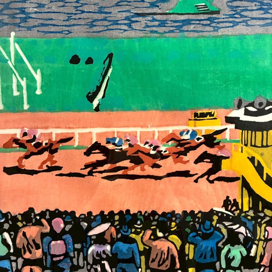 川西英「競馬場（淀）」木版画 直筆サイン入 額縁入 神戸を代表する木版画家