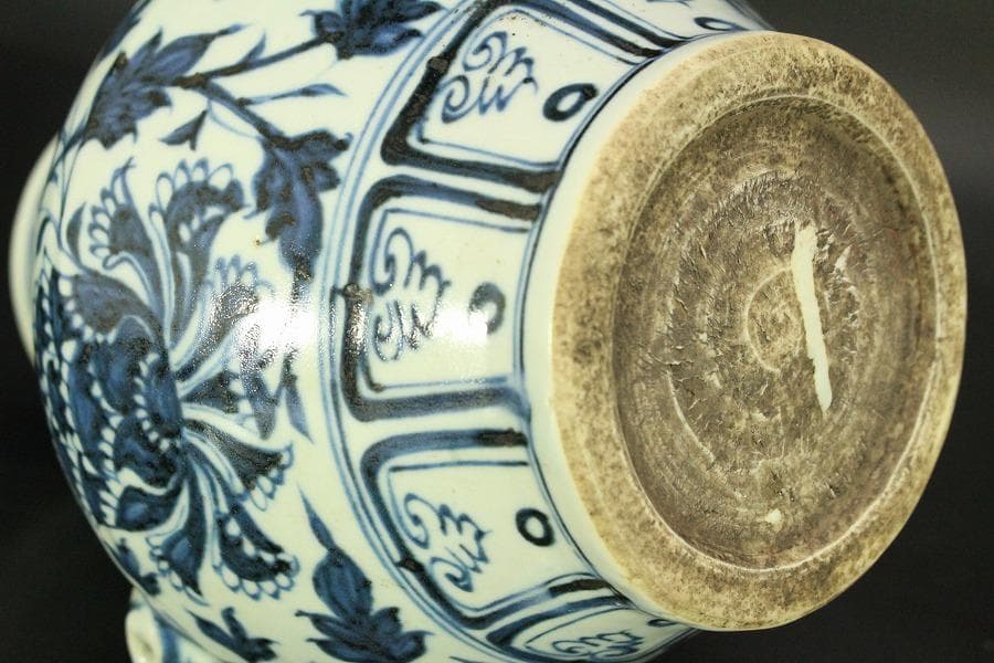 中国美術 青花 纏枝蓮花紋 獣耳 壷 高18.2cm(LC515)